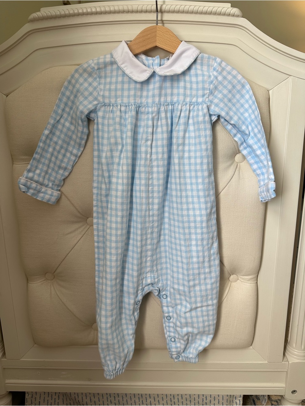 The Beaufort Bonnet Company Boys Long Sleeve Romper Blue Gingham 2T